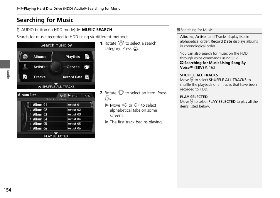 Searching for music, 2 searching for music, P. 154 | Acura 2015 RDX - Navigation Manual User Manual | Page 155 / 258