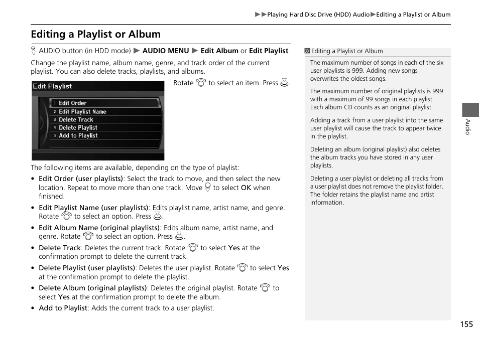 Editing a playlist or album, 2 editing a playlist or album, P. 155 | Acura 2015 RDX - Navigation Manual User Manual | Page 156 / 258