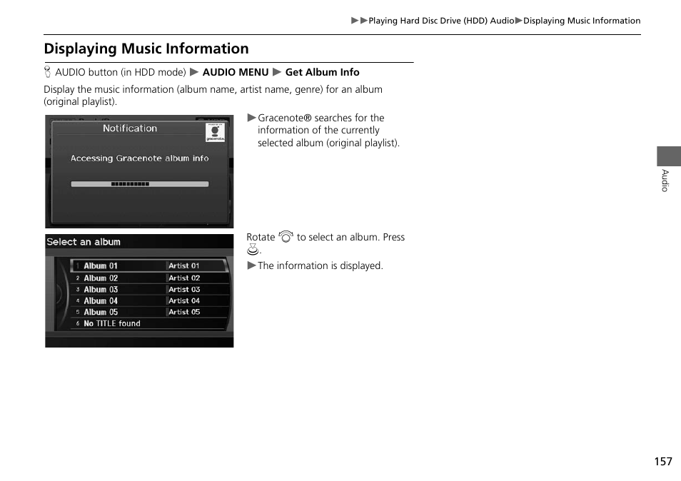 Displaying music information, 2 displaying music information, P. 157 | Acura 2015 RDX - Navigation Manual User Manual | Page 158 / 258