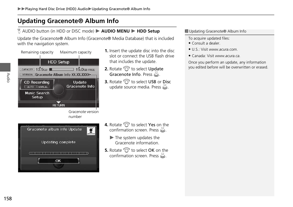 Updating gracenote® album info, 2 updating gracenote® album info, P. 158 | Acura 2015 RDX - Navigation Manual User Manual | Page 159 / 258