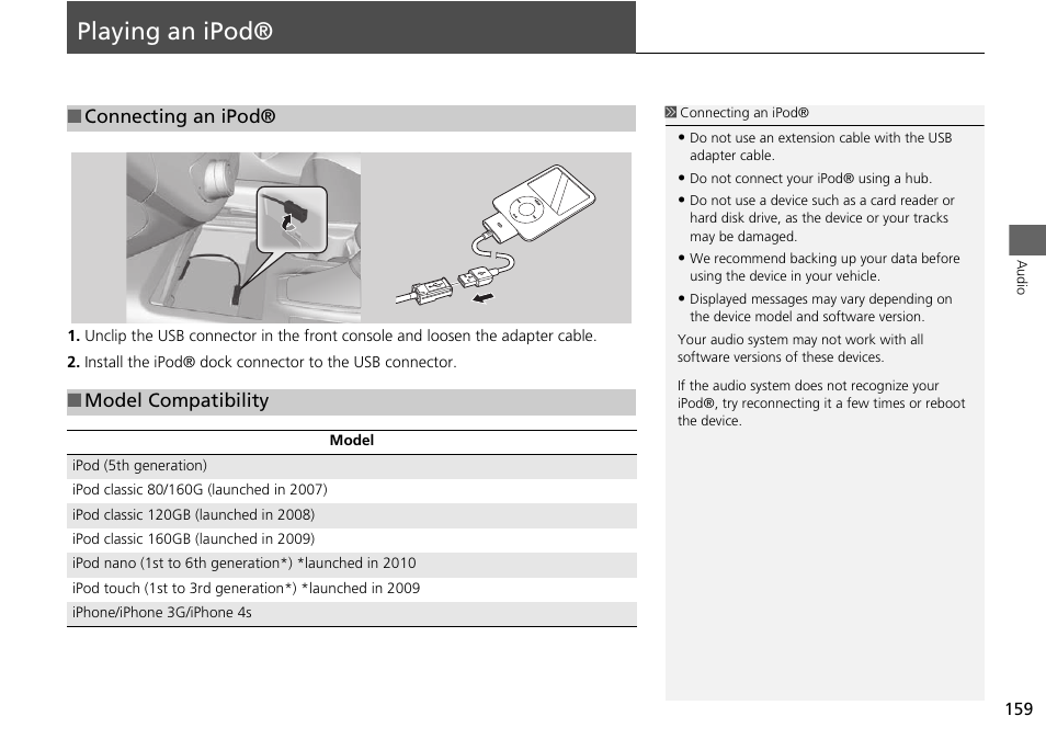 Playing an ipod® 159, P159), Playing an ipod | Acura 2015 RDX - Navigation Manual User Manual | Page 160 / 258