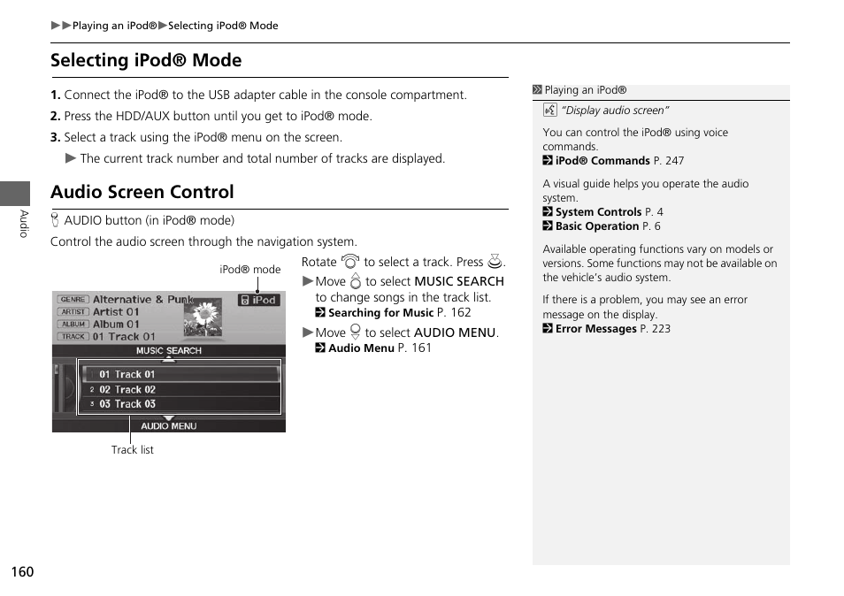 Selecting ipod® mode audio screen control, Selecting ipod® mode, Audio screen control | Acura 2015 RDX - Navigation Manual User Manual | Page 161 / 258