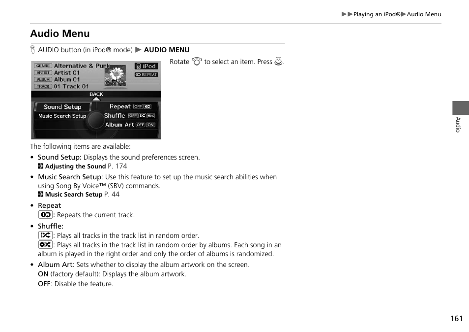 Audio menu, 2 audio menu, P. 161 | Acura 2015 RDX - Navigation Manual User Manual | Page 162 / 258