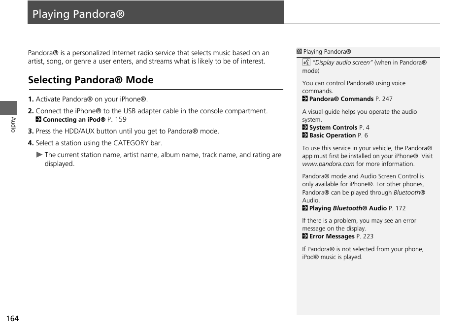 Playing pandora® 164, P164), Playing pandora | Selecting pandora® mode | Acura 2015 RDX - Navigation Manual User Manual | Page 165 / 258