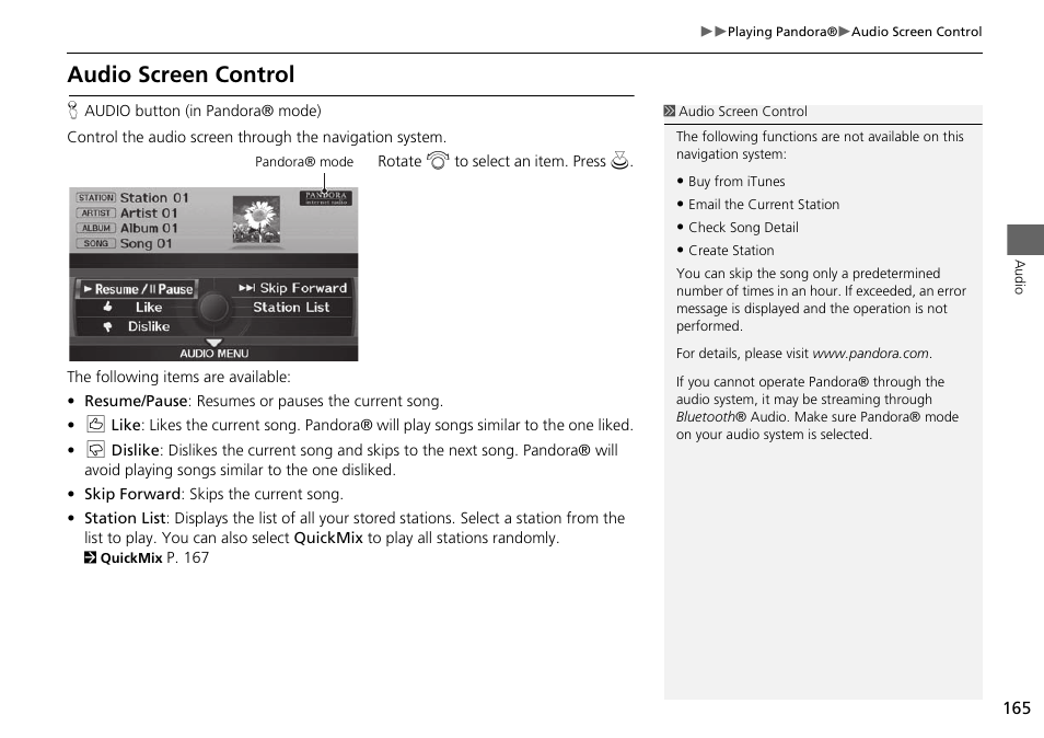 Audio screen control | Acura 2015 RDX - Navigation Manual User Manual | Page 166 / 258