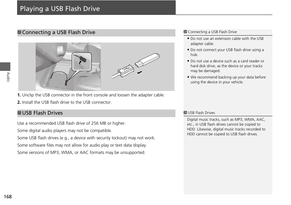 Playing a usb flash drive 168, P168), Playing a usb flash drive | Acura 2015 RDX - Navigation Manual User Manual | Page 169 / 258
