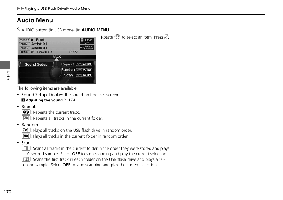 Audio menu, 2 audio menu, P. 170 | Acura 2015 RDX - Navigation Manual User Manual | Page 171 / 258
