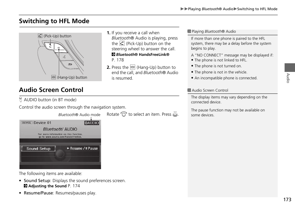 Switching to hfl mode audio screen control, Switching to hfl mode, Audio screen control | Acura 2015 RDX - Navigation Manual User Manual | Page 174 / 258
