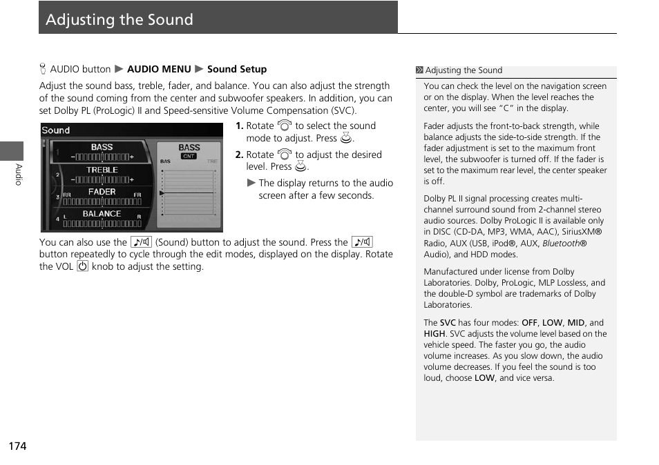 Adjusting the sound 174, P174), Adjusting the sound | 2 adjusting the sound, P. 174 | Acura 2015 RDX - Navigation Manual User Manual | Page 175 / 258