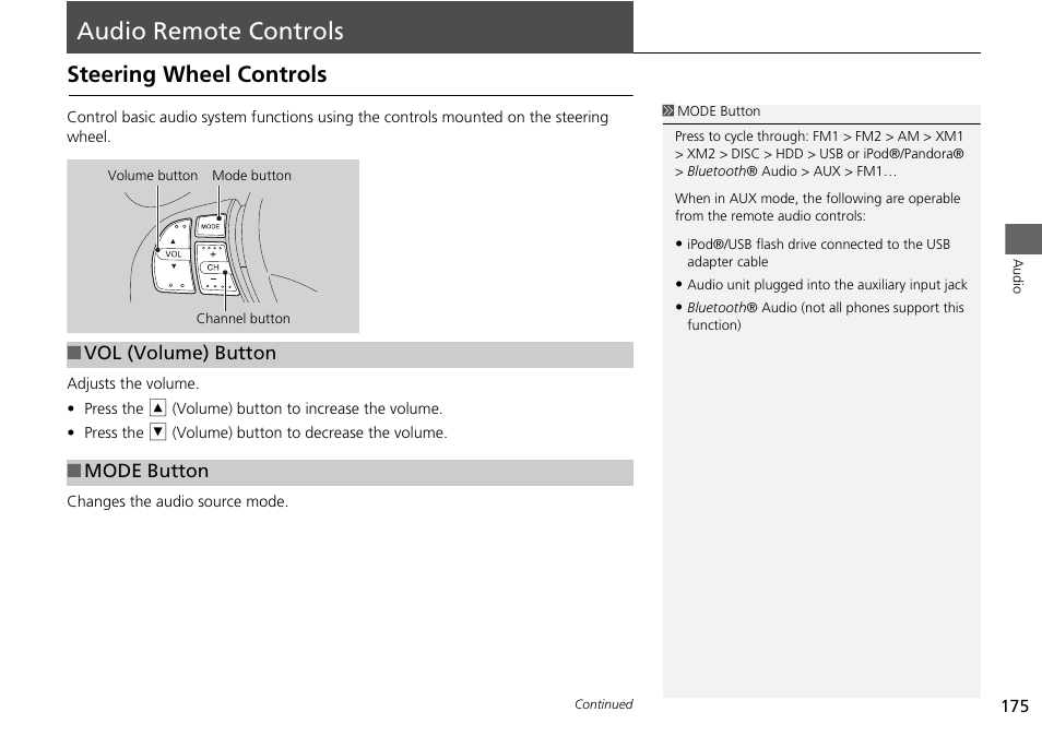 Audio remote controls 175, P175), Audio remote controls | Steering wheel controls, 2 audio remote controls, P. 175 | Acura 2015 RDX - Navigation Manual User Manual | Page 176 / 258