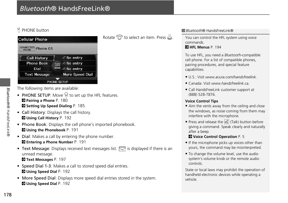 Bluetooth ® handsfreelink® 178, P178), 2 bluetooth ® handsfreelink® p. 178 | 2 bluetooth ® handsfreelink, P. 178, Bluetooth ® handsfreelink | Acura 2015 RDX - Navigation Manual User Manual | Page 179 / 258