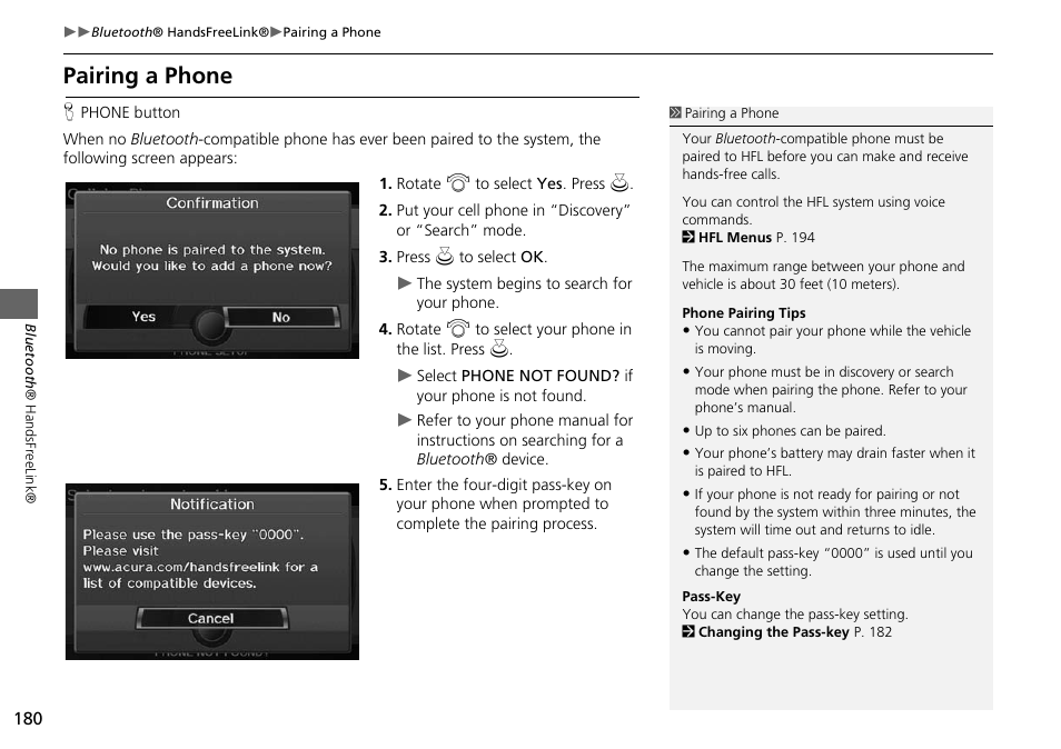 Pairing a phone 180, 2 pairing a phone, P. 180 | Pairing a phone | Acura 2015 RDX - Navigation Manual User Manual | Page 181 / 258