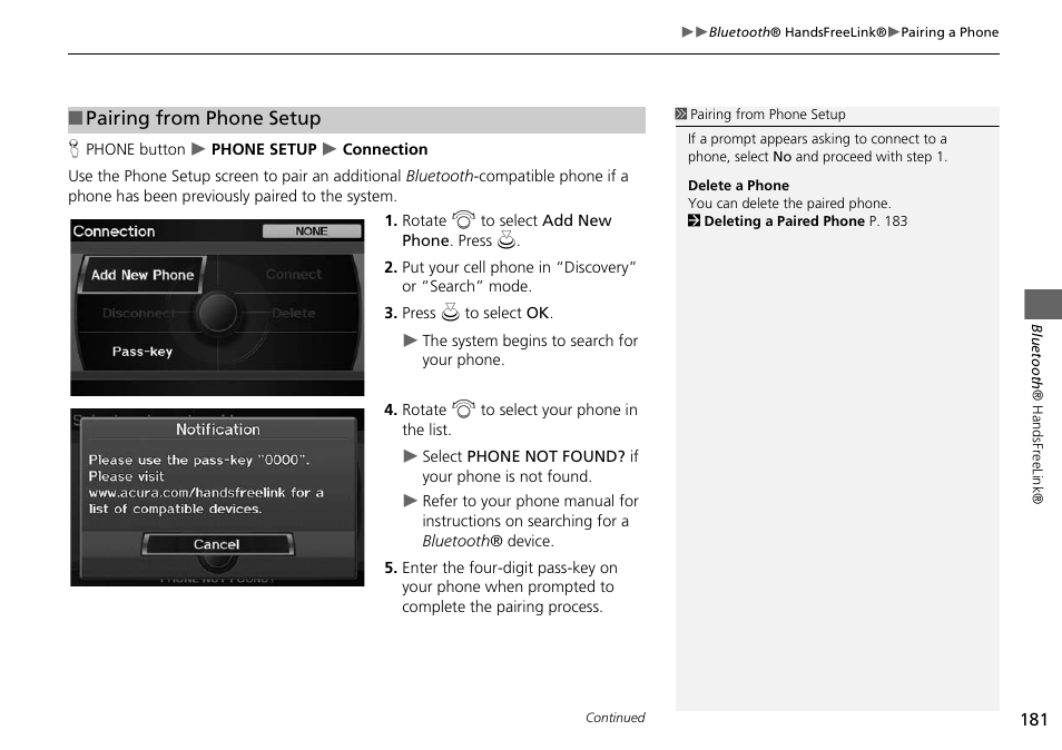 Pairing from phone setup | Acura 2015 RDX - Navigation Manual User Manual | Page 182 / 258