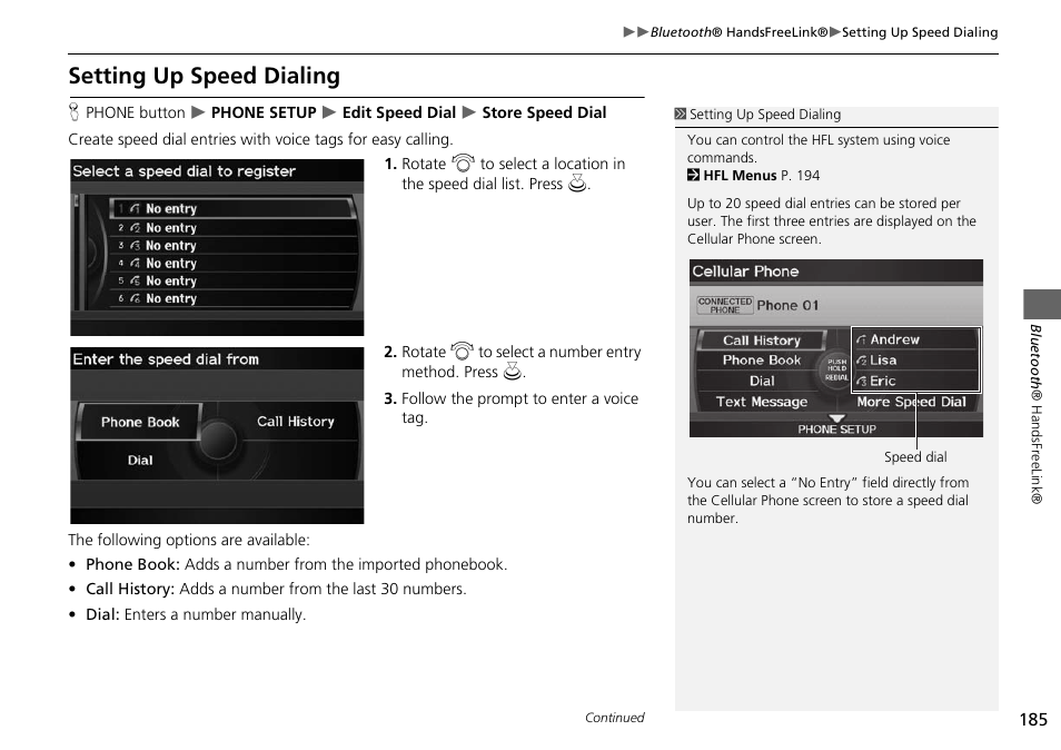 Setting up speed dialing 185, Setting up speed dialing, 2 setting up speed dialing | P. 185 | Acura 2015 RDX - Navigation Manual User Manual | Page 186 / 258