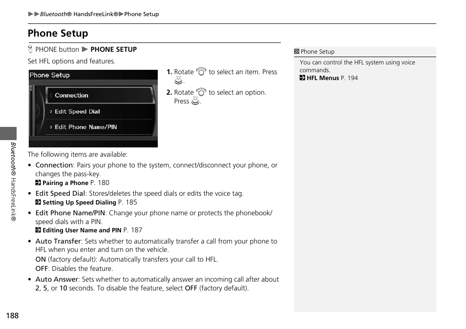 Phone setup 188, Phone setup | Acura 2015 RDX - Navigation Manual User Manual | Page 189 / 258