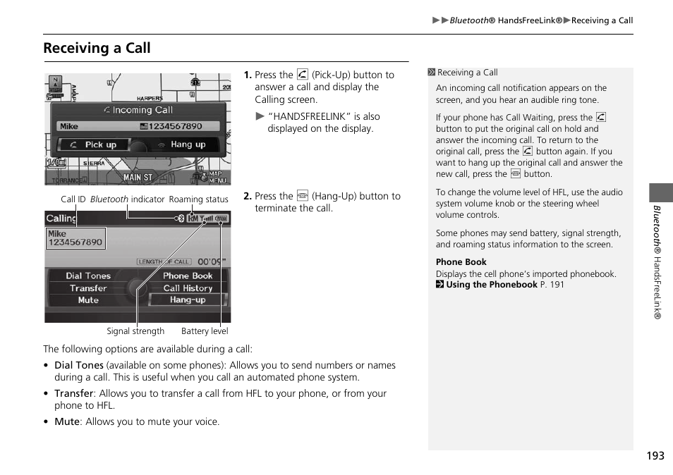 Receiving a call 193, P193), Receiving a call | Acura 2015 RDX - Navigation Manual User Manual | Page 194 / 258