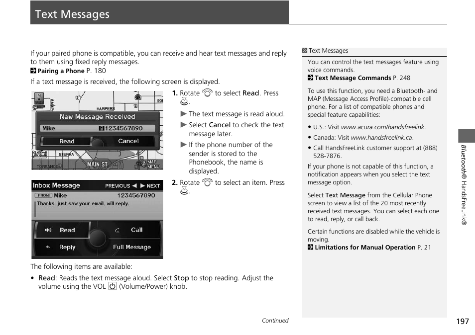 Text messages 197, P197), Text messages | 2 text messages, P. 197, 2 text messages p. 197 | Acura 2015 RDX - Navigation Manual User Manual | Page 198 / 258