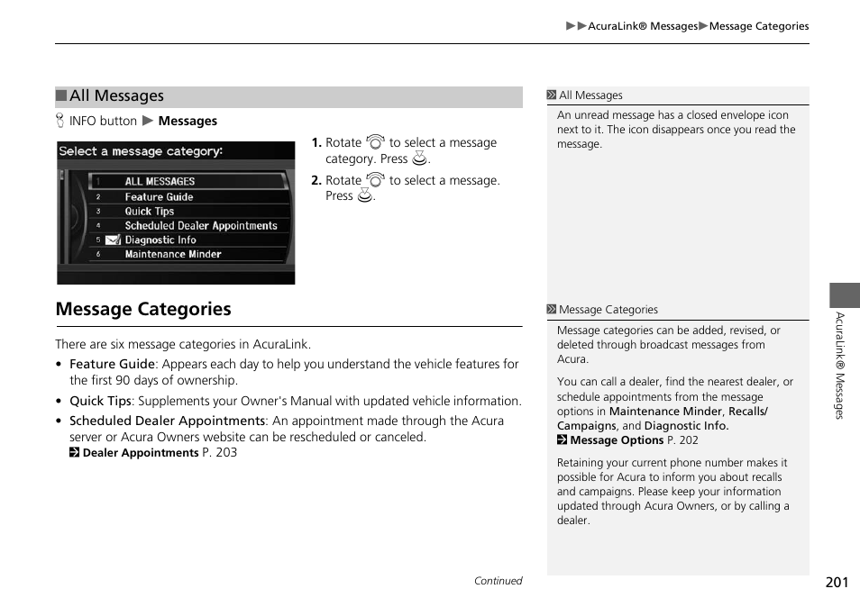 Message categories 201, Message categories, All messages | Acura 2015 RDX - Navigation Manual User Manual | Page 202 / 258