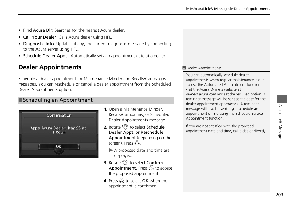 Dealer appointments 203, Dealer appointments | Acura 2015 RDX - Navigation Manual User Manual | Page 204 / 258