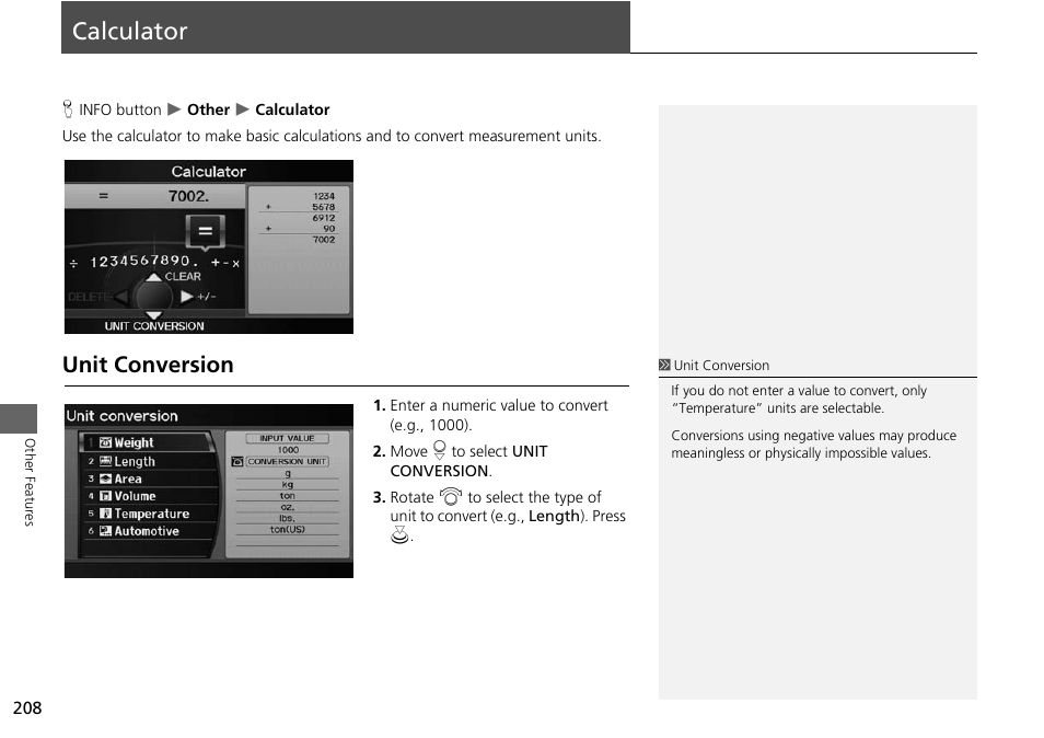 Calculator 208, Calculator, Unit conversion | Acura 2015 RDX - Navigation Manual User Manual | Page 209 / 258