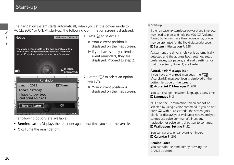 Start-up 20, Start-up | Acura 2015 RDX - Navigation Manual User Manual | Page 21 / 258