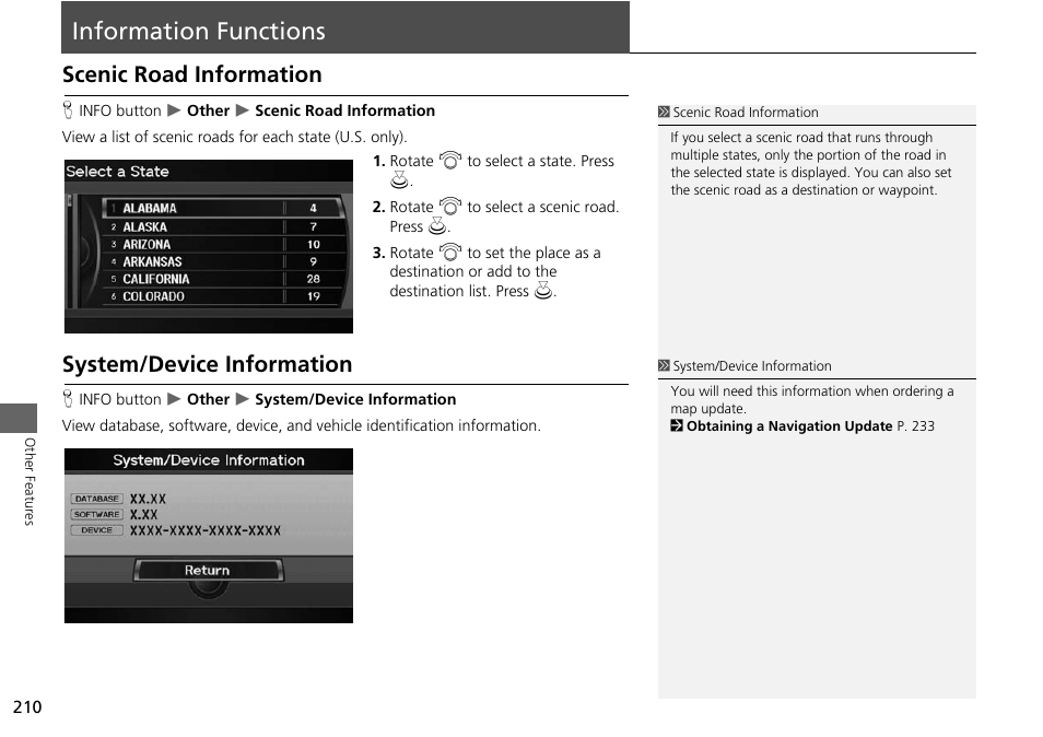 Information functions 210, Information functions, Scenic road information system/device information | Scenic road information, System/device information | Acura 2015 RDX - Navigation Manual User Manual | Page 211 / 258