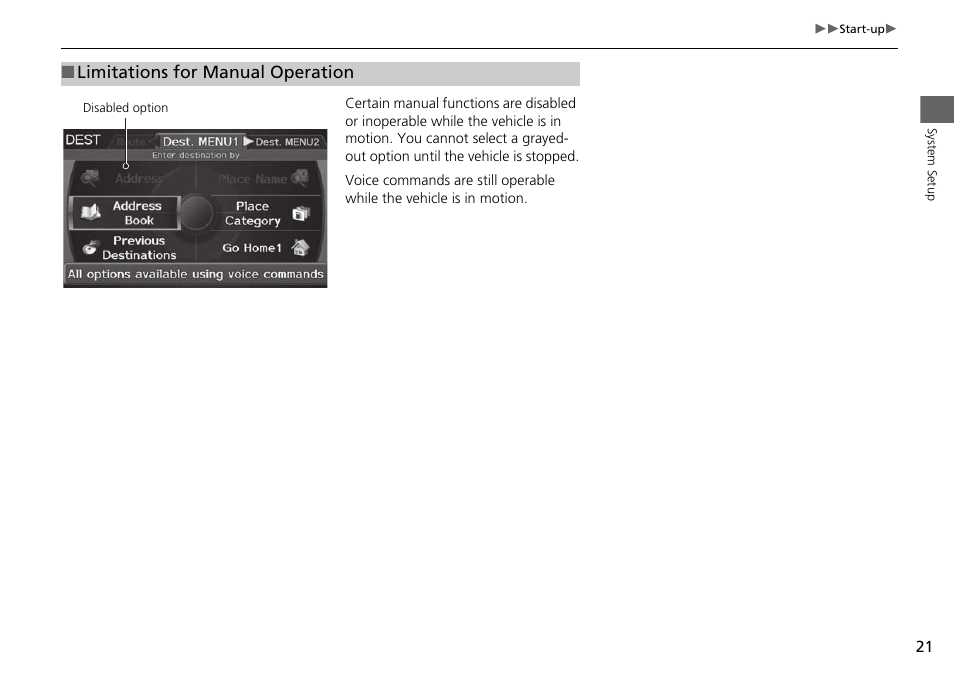 Limitations for manual operation | Acura 2015 RDX - Navigation Manual User Manual | Page 22 / 258