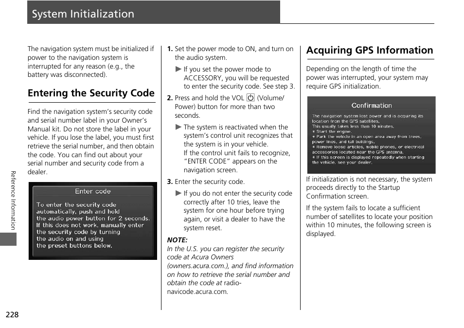 System initialization 228, System initialization, P. 228 | 2 system initialization p. 228, Entering the security code, Acquiring gps information | Acura 2015 RDX - Navigation Manual User Manual | Page 229 / 258