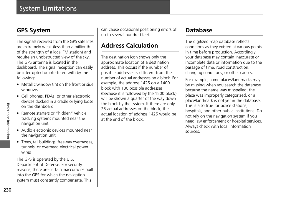 System limitations 230, 2 gps system, P. 230 | System limitations, Gps system address calculation database, Gps system, Address calculation, Database | Acura 2015 RDX - Navigation Manual User Manual | Page 231 / 258