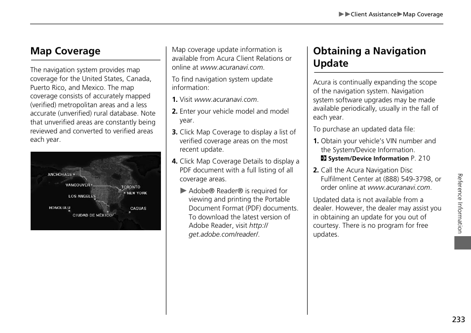 2 map coverage, P. 233, Map coverage obtaining a navigation update | 2 obtaining a navigation update, Map coverage, Obtaining a navigation update | Acura 2015 RDX - Navigation Manual User Manual | Page 234 / 258