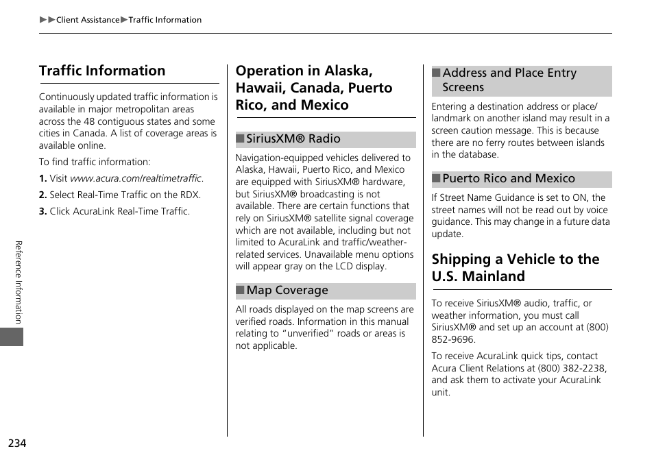 Puerto rico, and mexico, Shipping a vehicle to the u.s. mainland, Traffic information | Acura 2015 RDX - Navigation Manual User Manual | Page 235 / 258
