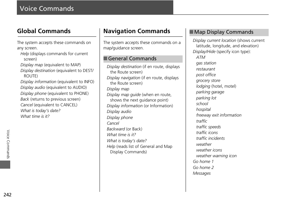 Voice commands 242, 2 voice commands, P. 242 | 2 global commands p. 242, 2 map display commands p. 242, Voice commands, Global commands navigation commands, Global commands, Navigation commands | Acura 2015 RDX - Navigation Manual User Manual | Page 243 / 258