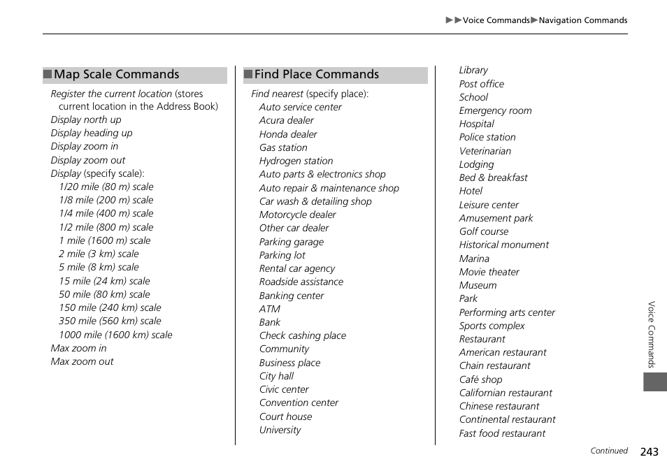 2 map scale commands p. 243 | Acura 2015 RDX - Navigation Manual User Manual | Page 244 / 258