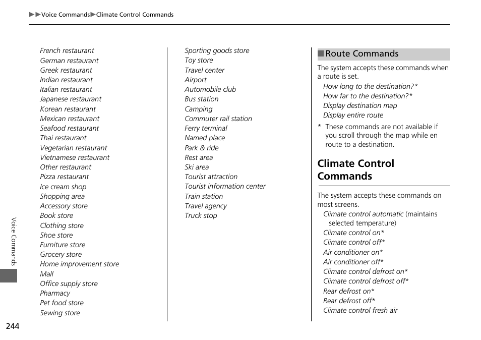 2 route commands p. 244, Climate control commands | Acura 2015 RDX - Navigation Manual User Manual | Page 245 / 258