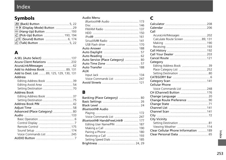 Index, P.253, Symbols | Acura 2015 RDX - Navigation Manual User Manual | Page 254 / 258