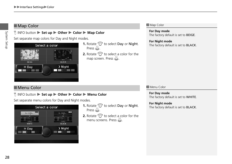 2 map color, P. 28, 2 menu color | Acura 2015 RDX - Navigation Manual User Manual | Page 29 / 258