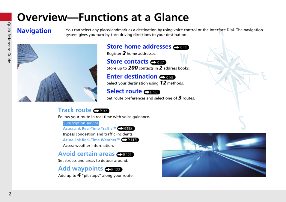 Quick reference guide, Overview—functions at a glance, Navigation | Store home addresses, Store contacts, Enter destination, Select route, Track route, Avoid certain areas, Add waypoints | Acura 2015 RDX - Navigation Manual User Manual | Page 3 / 258