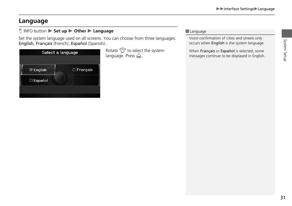 Language, 2 language p. 31 | Acura 2015 RDX - Navigation Manual User Manual | Page 32 / 258