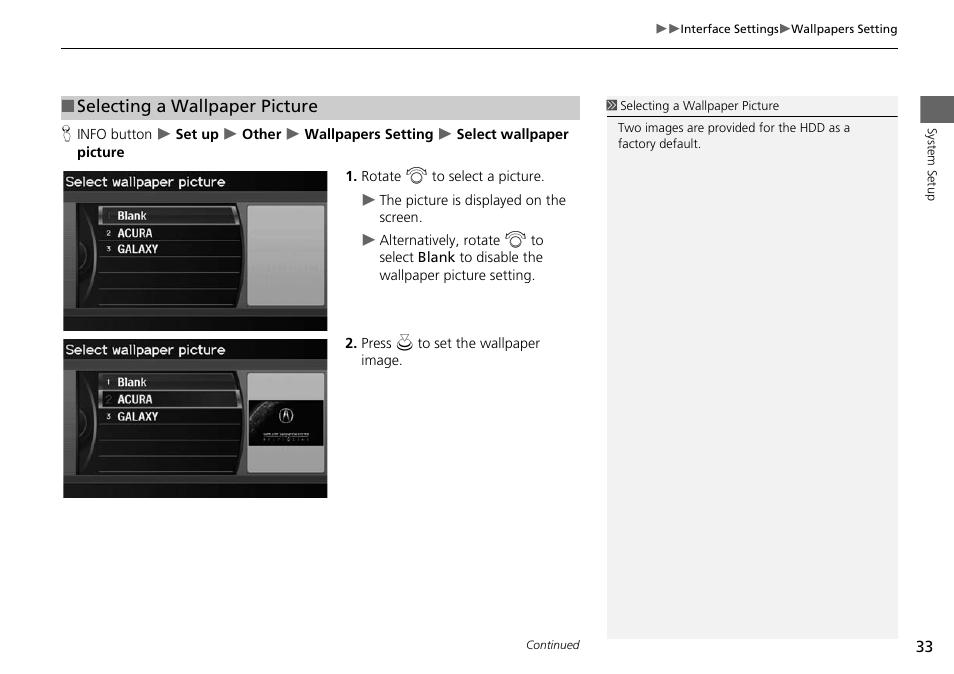2 selecting a wallpaper picture, P. 33 | Acura 2015 RDX - Navigation Manual User Manual | Page 34 / 258