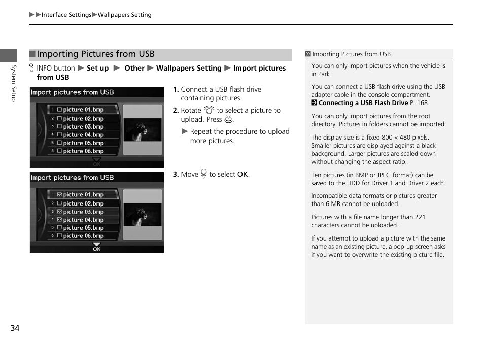 2 importing pictures from usb, P. 34, Importing pictures from usb | Acura 2015 RDX - Navigation Manual User Manual | Page 35 / 258