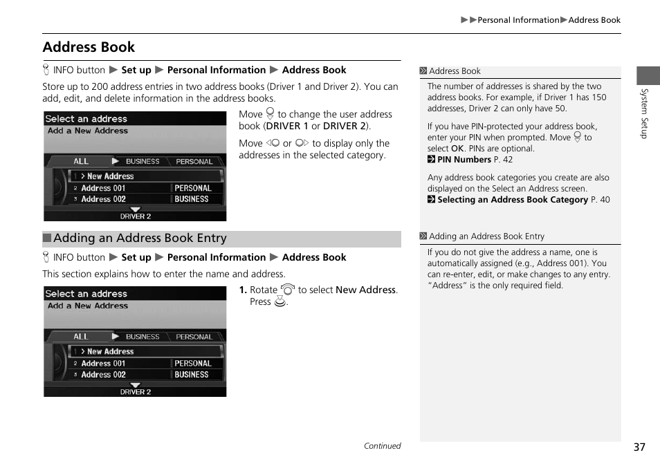 P37), Address book, 2 address book | P. 37, Adding an address book entry | Acura 2015 RDX - Navigation Manual User Manual | Page 38 / 258