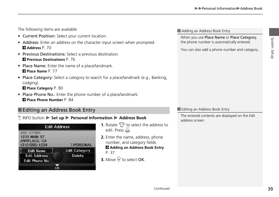 Editing an address book entry | Acura 2015 RDX - Navigation Manual User Manual | Page 40 / 258