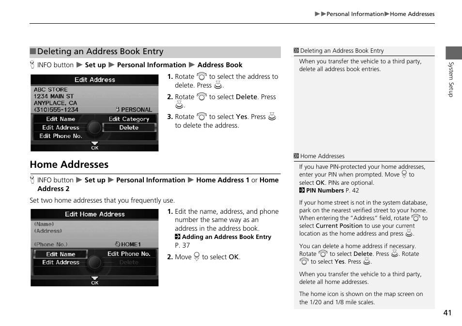 P41), Home addresses, 2 home addresses | P. 41, Deleting an address book entry | Acura 2015 RDX - Navigation Manual User Manual | Page 42 / 258