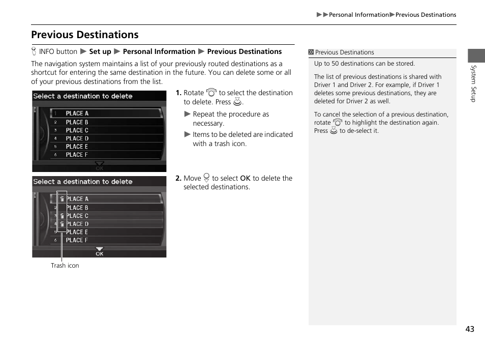 Previous destinations, 2 previous destinations, P. 43 | Acura 2015 RDX - Navigation Manual User Manual | Page 44 / 258