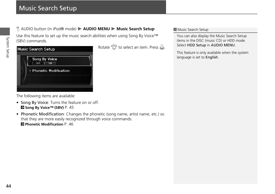 Music search setup 44, Music search setup | Acura 2015 RDX - Navigation Manual User Manual | Page 45 / 258