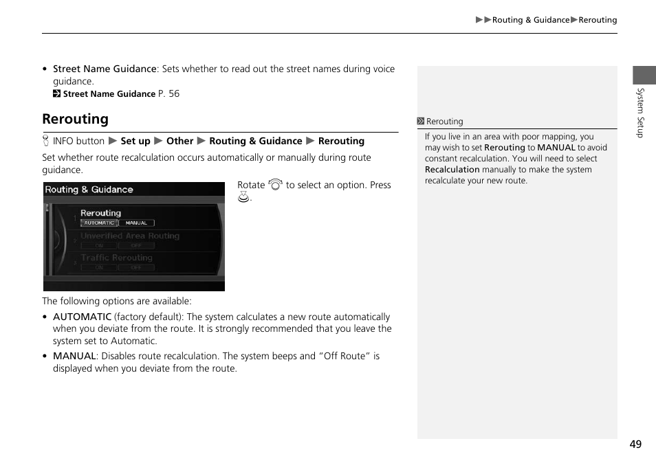 Rerouting, 2 rerouting, P. 49 | Acura 2015 RDX - Navigation Manual User Manual | Page 50 / 258