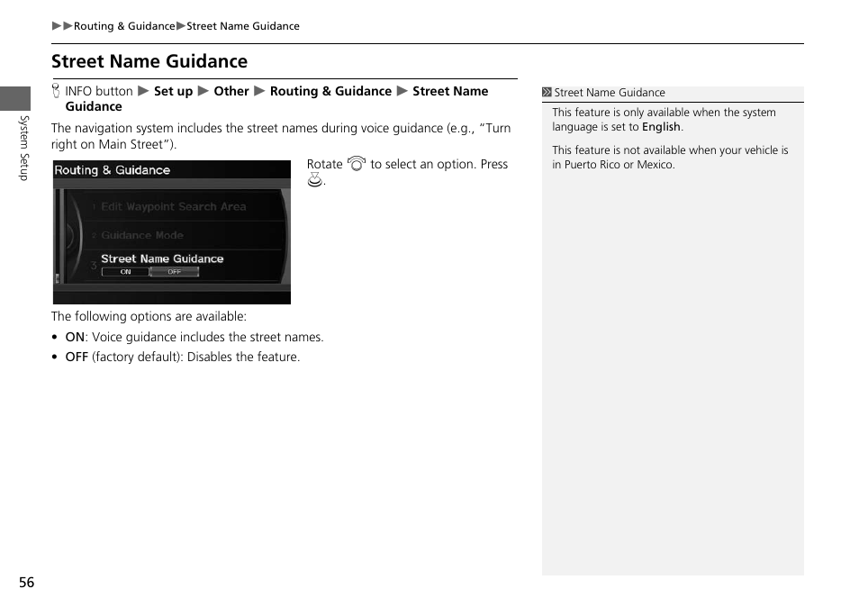 Street name guidance | Acura 2015 RDX - Navigation Manual User Manual | Page 57 / 258