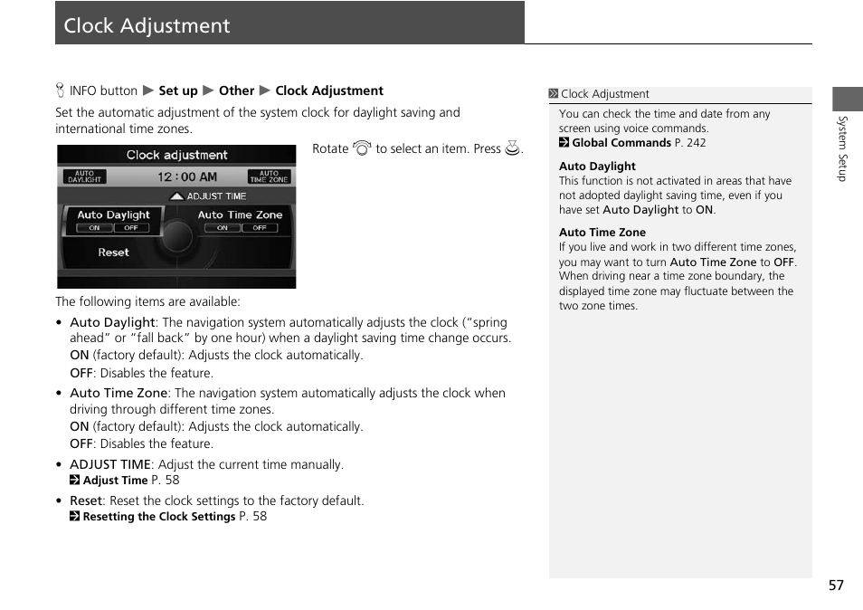 Clock adjustment 57, Clock adjustment, P. 57 | Acura 2015 RDX - Navigation Manual User Manual | Page 58 / 258