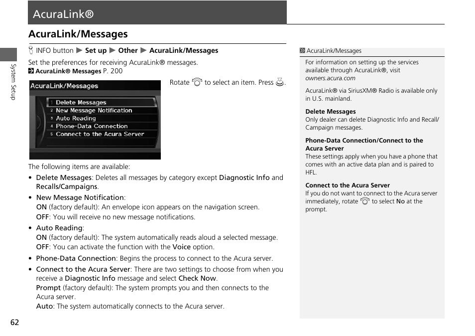 Acuralink® 62, Acuralink, Acuralink/messages | Acura 2015 RDX - Navigation Manual User Manual | Page 63 / 258