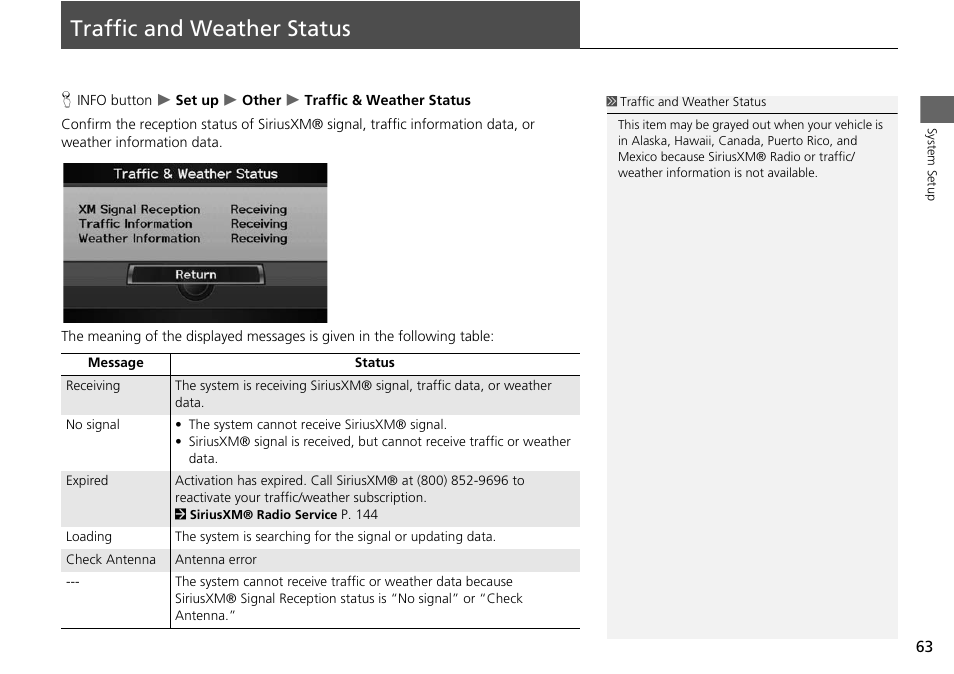 Traffic and weather status 63, Traffic and weather status | Acura 2015 RDX - Navigation Manual User Manual | Page 64 / 258